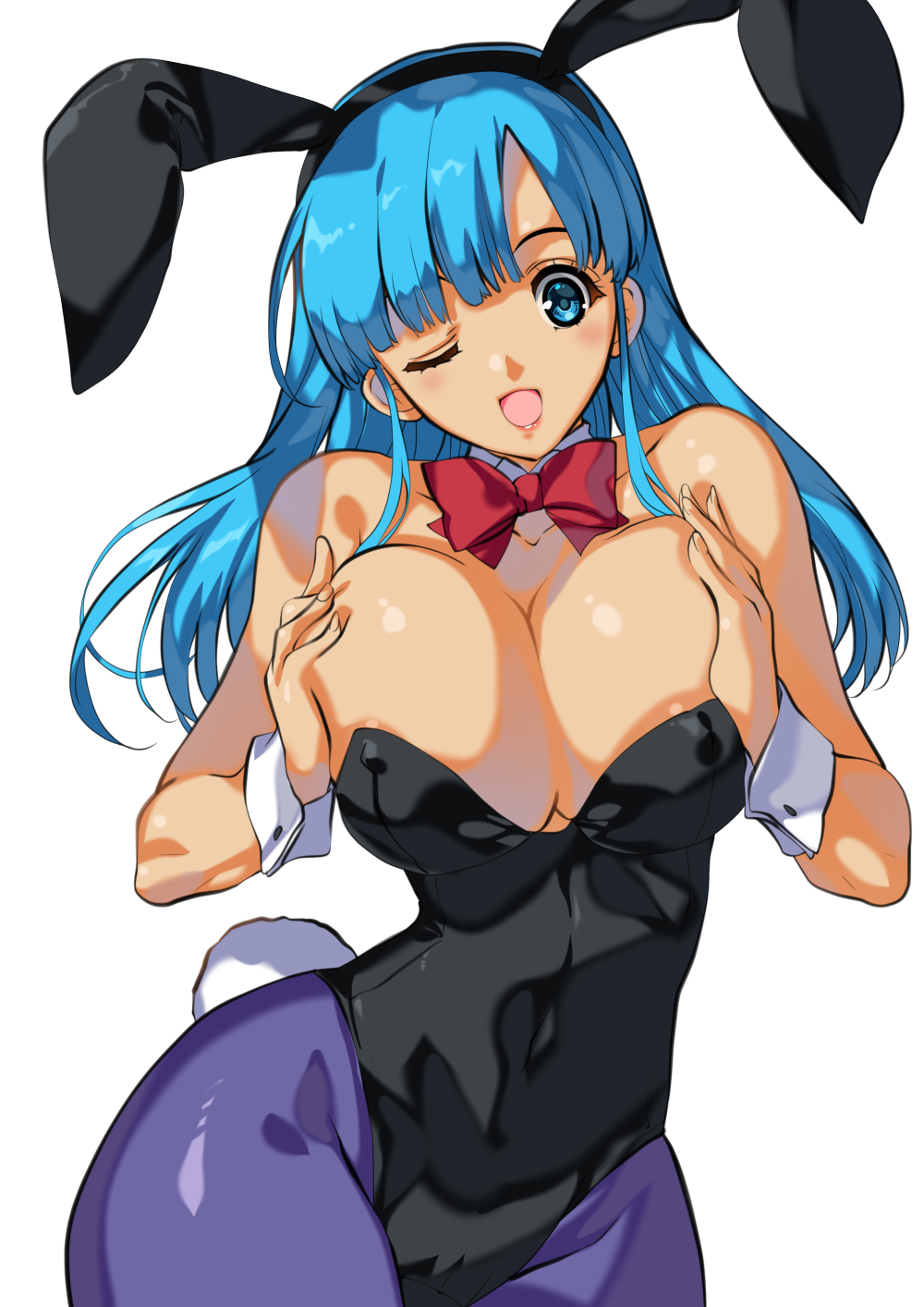1girl animal_ears black_leotard blue_eyes blue_hair blue_pantyhose bow bowtie breasts bulma cameltoe cleavage commentary_request cowboy_shot curvy detached_collar dragon_ball dragon_ball_(classic) fake_animal_ears highleg highleg_leotard highres large_breasts leotard long_hair looking_at_viewer pantyhose playboy_bunny rabbit_ears red_bow red_bowtie shiny_clothes shiny_skin simple_background solo strapless strapless_leotard tamiya_akito white_background wrist_cuffs