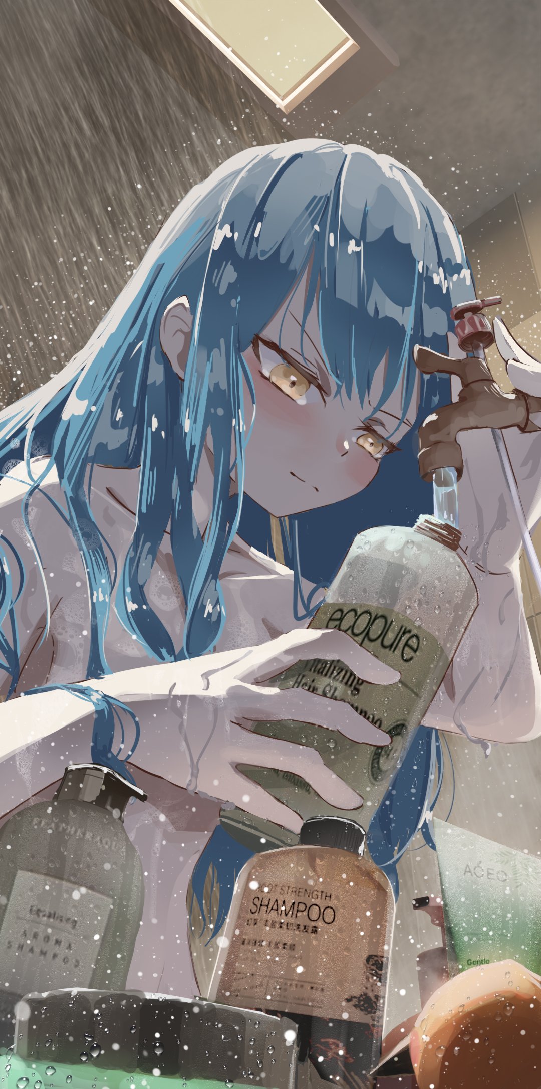 1girl alternate_hairstyle bang_dream! bang_dream!_it's_mygo!!!!! blue_hair blush chinese_commentary closed_mouth commentary_request faucet from_below hair_down highres indoors long_hair looking_at_object nude product_placement shampoo shampoo_bottle shower_(place) showering slice_of_life solo split_mouth togawa_sakiko upper_body v-shaped_eyebrows water water_drop wet wet_hair yellow_eyes yitiaowei