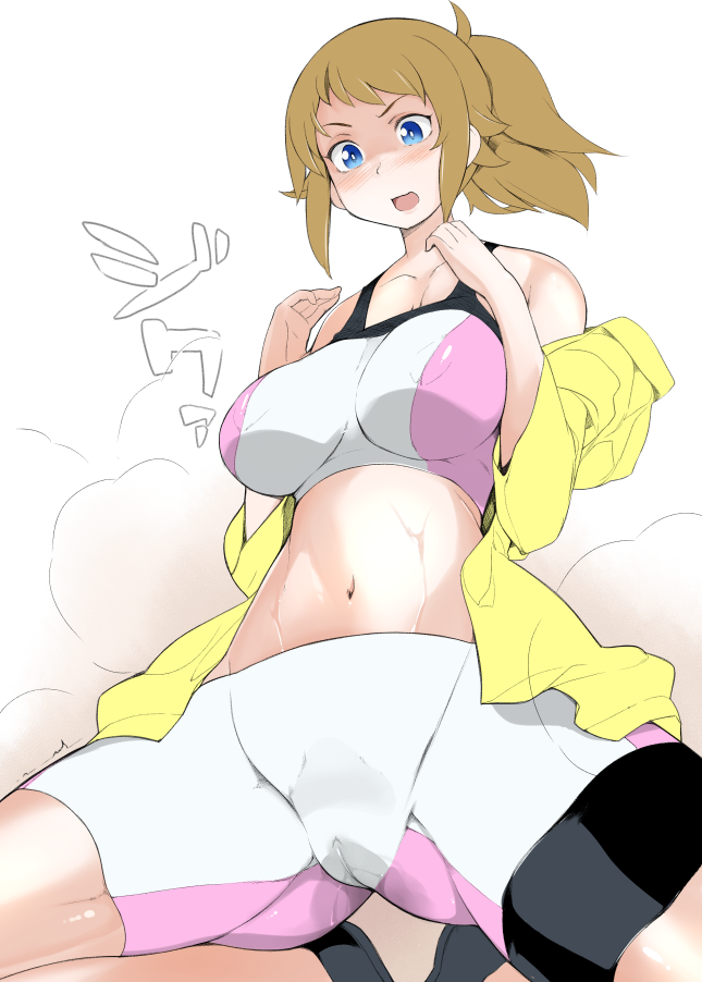 10s 1girl bad_id bad_pixiv_id bike_shorts blue_eyes brown_hair cameltoe female_focus gundam gundam_build_fighters gundam_build_fighters_try hoshino_fumina jacket ponytail solo sports_bra steam sweat topo_(bacchustab) topo_bevitore two-tone_sports_bra