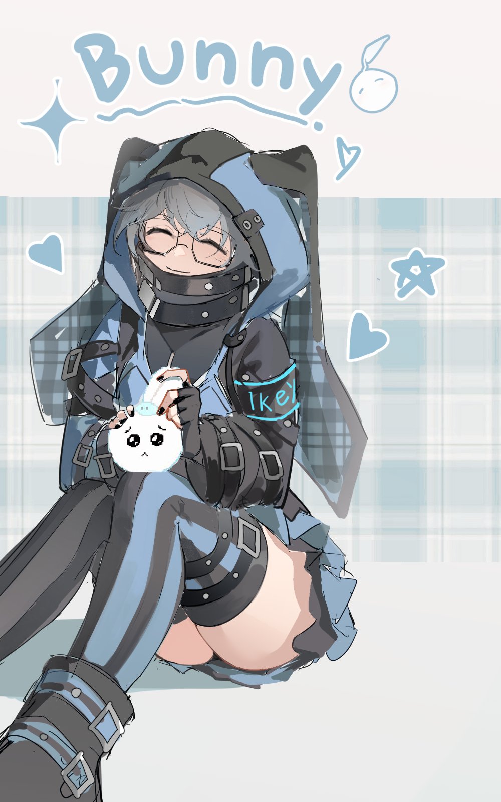 1boy animal_hood blue_thighhighs boots character_name closed_eyes cosplay crossdressing dress effole_(fairy_fencer_f) effole_(fairy_fencer_f)_(cosplay) emoji english_text fairy_fencer_f fingerless_gloves glasses gloves grey_hair heart high_collar highres hood hood_up ike_eveland male_focus miniskirt multicolored_dress nijisanji nijisanji_en plaid pleading_face_emoji quilldren_(ike_eveland) rabbit_hood short_hair sitting skirt smile solo song_(v3wm9a701fvqjxf) star_(symbol) striped_clothes striped_thighhighs thighhighs vertical-striped_clothes vertical-striped_thighhighs virtual_youtuber