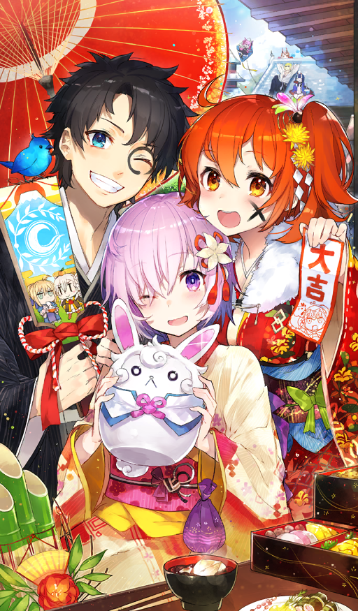 2boys 4girls artoria_pendragon_(fate) bamboo_shoot belt_pouch bento bird black_hair black_kimono blue_bird blue_eyes bow bowl chaldea_logo chinese_zodiac chopsticks commentary day elizabeth_bathory_(fate) facepaint fate/grand_order fate_(series) floral_print floral_print_kimono flower fou_(fate) fujimaru_ritsuka_(female) fujimaru_ritsuka_(male) green_bow hagoita hair_flower hair_ornament hair_over_one_eye holding holding_paddle holding_paper ibaraki_douji_(fate) japanese_clothes jeanne_d&#039;arc_(fate) jeanne_d&#039;arc_(ruler)_(fate) kadomatsu kimono kite kite_flying long_sleeves lost_robin_rondo mash_kyrielight medium_hair mika_pikazo multiple_boys multiple_girls new_year obi official_art oil-paper_umbrella olga_marie_animusphere omikuji one_eye_closed one_side_up orange_eyes orange_hair outdoors paddle paper pink_hair plate pouch print_kimono purple_eyes red_bow red_kimono riyo_(lyomsnpmp)_(style) saber_(fate) sakata_kintoki_(fate) sash short_hair shuten_douji_(fate) sky smile teeth third-party_source umbrella white_kimono wide_sleeves year_of_the_rooster