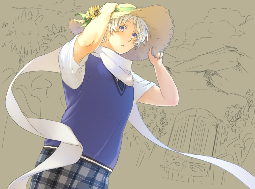 1boy axis_powers_hetalia black_pants blue_sweater_vest blush brown_background brown_hat commentary_request floating_clothes flower gate hands_on_headwear hands_up hat hat_flower hat_ornament looking_at_viewer male_focus mountain open_mouth pants plaid_clothes plaid_pants purple_eyes russia_(hetalia) scarf shirt short_hair short_sleeves solo standing sunflower sweater_vest unfinished user_chds7734 white_hair white_scarf white_shirt yellow_flower