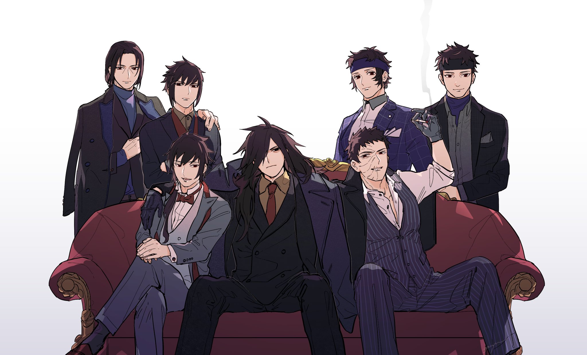6+boys black_gloves black_hair brothers cigarette closed_mouth coat commentary_request couch dress_shirt formal_clothes gloves hair_over_one_eye highres holding holding_cigarette jacket long_hair looking_at_viewer male_focus multiple_boys naruto_(series) naruto_shippuuden necktie on_couch pants passion07253741 scar scar_on_face shirt short_hair siblings sitting smoke spiked_hair teeth uchiha_itachi uchiha_izuna uchiha_kagami uchiha_madara uchiha_obito uchiha_sasuke uchiha_shisui vest white_background