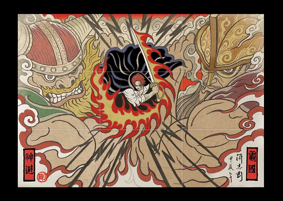 3boys beard black_cape blonde_hair brogy_(one_piece) brown_eyes brown_shirt cape chien_chih_kang dorry_(one_piece) facial_hair fake_horns fine_art_parody fire green_shirt helmet holding holding_sword holding_weapon horned_helmet horns incoming_attack looking_at_viewer male_focus multiple_boys muscular muscular_male mustache nihonga one_piece parody red_hair scar scar_across_eye scar_on_face shanks_(one_piece) shirt short_hair short_sleeves sword teeth ukiyo-e weapon white_hair white_shirt