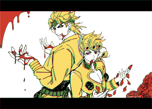 2boys back-to-back blonde_hair blood blood_on_face blood_on_hands commentary_request father_and_son flower giorno_giovanna green_headband headband height_difference hisohiso_(altoblue) jacket jojo_no_kimyou_na_bouken kuujou_joutarou letterboxed male_focus multiple_boys petals red_eyes red_flower red_rose rose rose_petals smile stardust_crusaders twitter_username vampire vento_aureo yellow_jacket