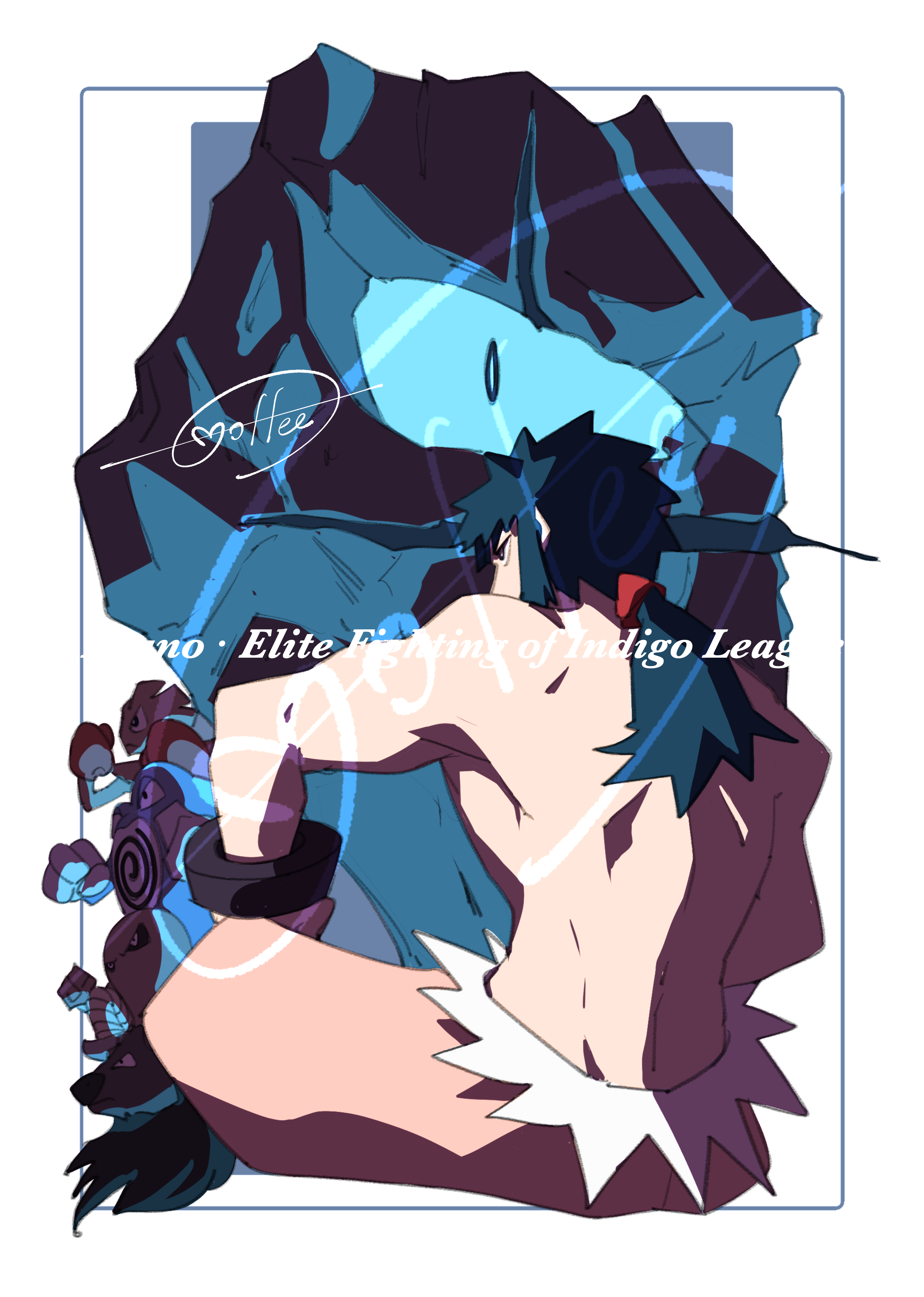 1boy absurdres black_hair border bracelet bruno_(pokemon) cccacademia character_name commentary_request gen_1_pokemon highres hitmonchan hitmonlee jewelry long_hair male_focus nintendo onix pants pokemon pokemon_(creature) pokemon_hgss poliwrath ponytail signature sitting tauros topless_male white_border