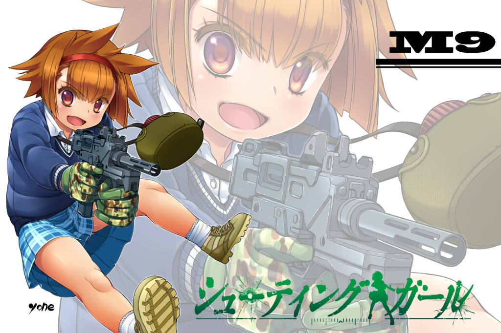 1girl artist_name boots brown_hair camouflage canteen copyright_name gloves gun hairband machine_pistol minebea_pm-9 open_mouth plaid_clothes plaid_skirt red_eyes school_uniform shooting_girl short_hair skirt submachine_gun weapon yellow_boots yone_(qtron) zoom_layer