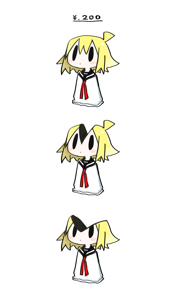 1girl ahoge black_sailor_collar blonde_hair blush_stickers chibi cropped_torso expressionless kokaki_mumose multiple_views neck_ribbon null-meta red_ribbon ribbon sailor_collar sequential shirt short_hair simple_background solid_oval_eyes split_head uozumi_kurumi white_background white_shirt
