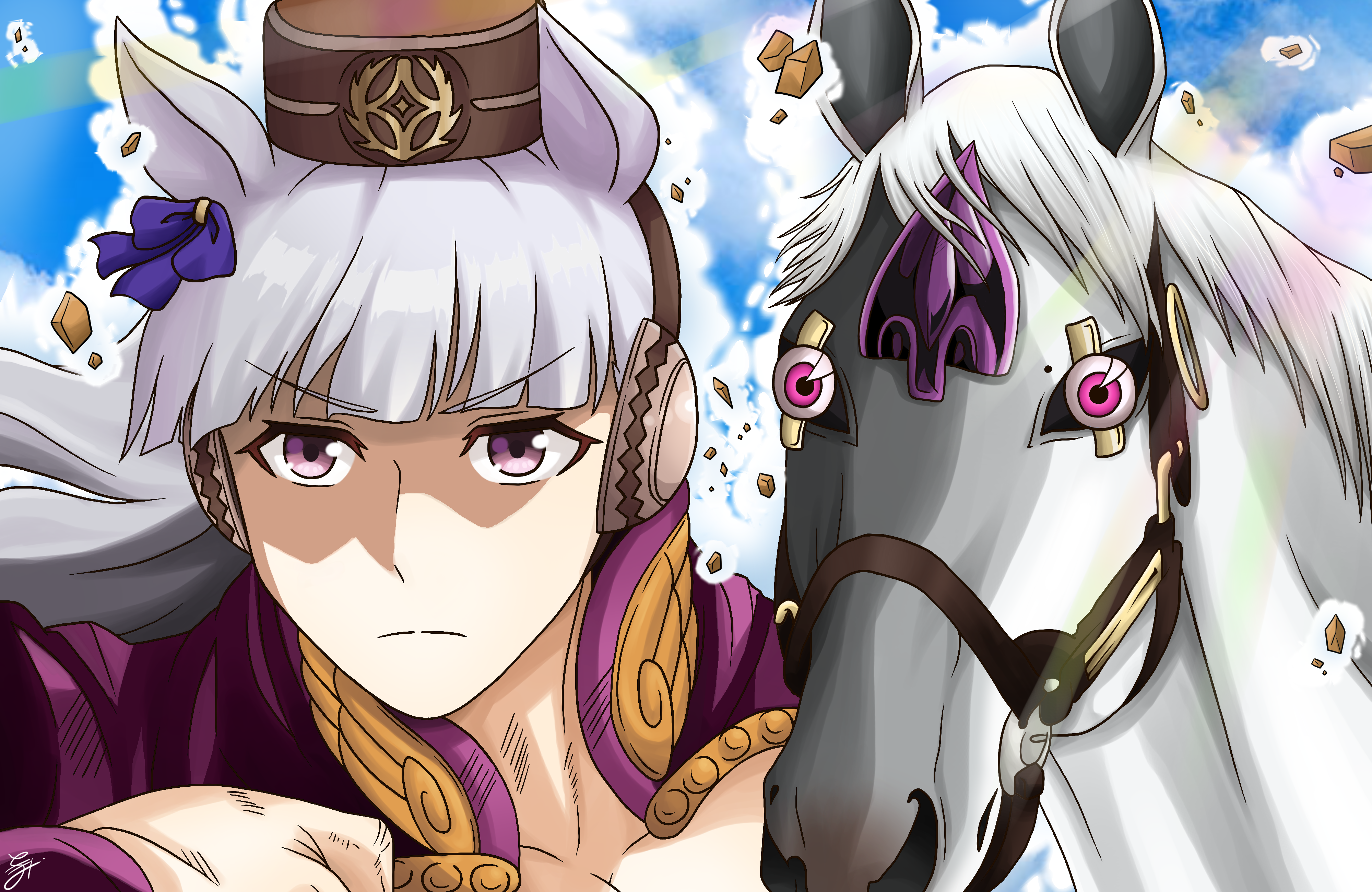 1girl absurdres animal_ears aura bow cosplay debris giorno_giovanna giorno_giovanna_(cosplay) gold_experience_requiem gold_ship_(racehorse) gold_ship_(umamusume) goom_(goomyparty) hat highres horse horse_ears horse_girl jojo_no_kimyou_na_bouken jojo_pose long_hair parody purple_eyes signature silver_hair umamusume vento_aureo