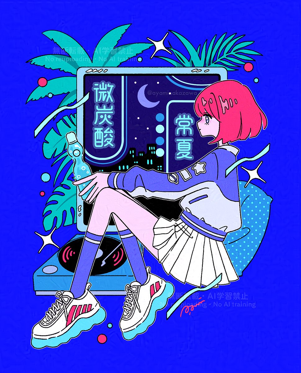 1girl blue_background blue_jacket blue_socks closed_mouth crescent_moon drink from_side full_body hair_between_eyes highres holding holding_drink invisible_chair jacket kneehighs leaf long_sleeves medium_hair moon nakazawa_ayami neon_palette night night_sky original phonograph ramune red_hair shoes sitting skirt sky sneakers socks solo white_shoes white_skirt