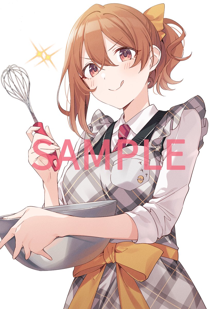 1girl :q apron blush bow bowl breasts brown_eyes brown_hair collared_shirt commentary_request diagonal-striped_clothes diagonal-striped_necktie hair_between_eyes hair_up hand_up highres holding holding_bowl holding_whisk kohinata_iroha_(imouuzai) looking_at_viewer necktie official_art orange_bow plaid_apron plaid_clothes red_necktie second-party_source shirt simple_background sleeves_rolled_up smile solo sparkle striped_clothes tomari_(veryberry00) tomodachi_no_imouto_ga_ore_ni_dake_uzai tongue tongue_out v-shaped_eyebrows whisk white_apron white_background white_shirt wing_collar