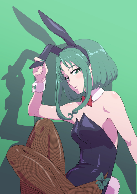 1girl animal_ears black_leotard bow bowtie breasts brown_pantyhose cowboy_shot dark_cure_(yes!_precure_5) dark_mint detached_collar fake_animal_ears fake_tail fishnet_pantyhose fishnets green_background green_eyes green_hair leotard looking_away medium_breasts pantyhose playboy_bunny precure rabbit_ears rabbit_tail shadow simple_background solo strapless strapless_leotard tail thighs uyoshi wrist_cuffs yes!_precure_5