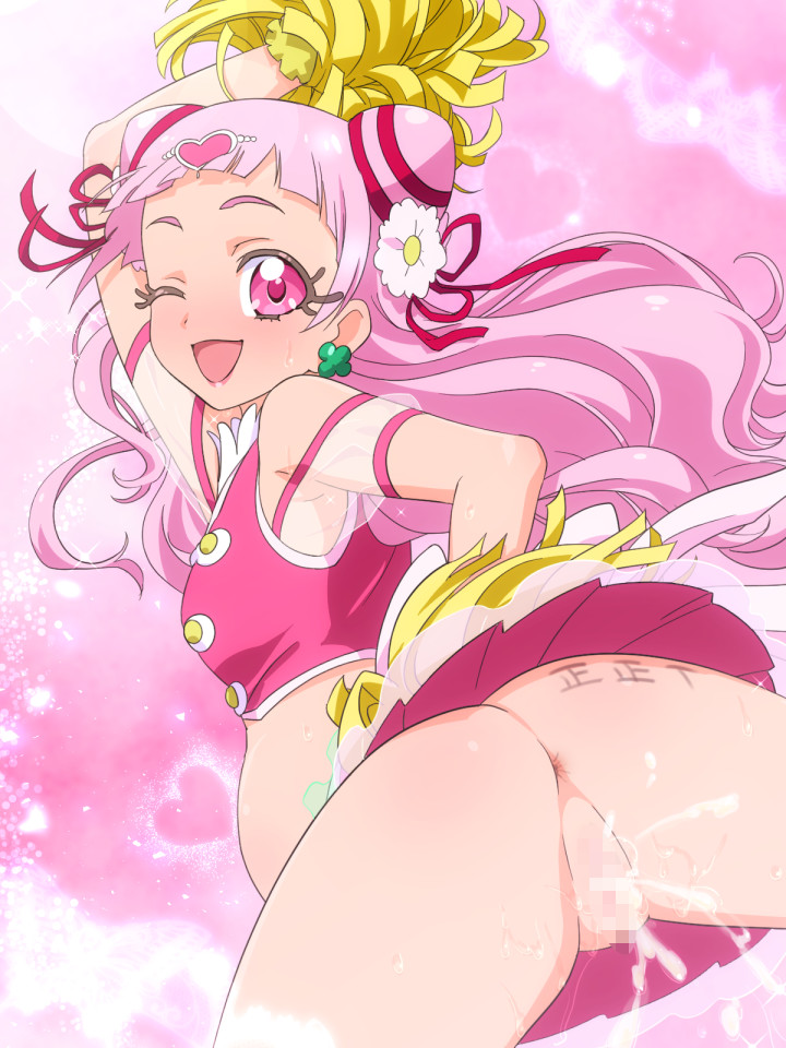 1girl aftersex anus ass body_writing censored cowboy_shot cum cum_in_pussy cumdrip cure_yell earrings from_behind hugtto!_precure jewelry loli long_hair looking_at_viewer looking_back miniskirt mosaic_censoring mushiro_(nijie728995) navel no_panties nono_hana one_eye_closed pink_eyes pink_hair pom_pom_(cheerleading) precure pregnant pussy shirt skirt sleeveless sleeveless_shirt smile solo spread_legs tally thigh_gap thighhighs white_thighhighs wink yellow_pom_poms