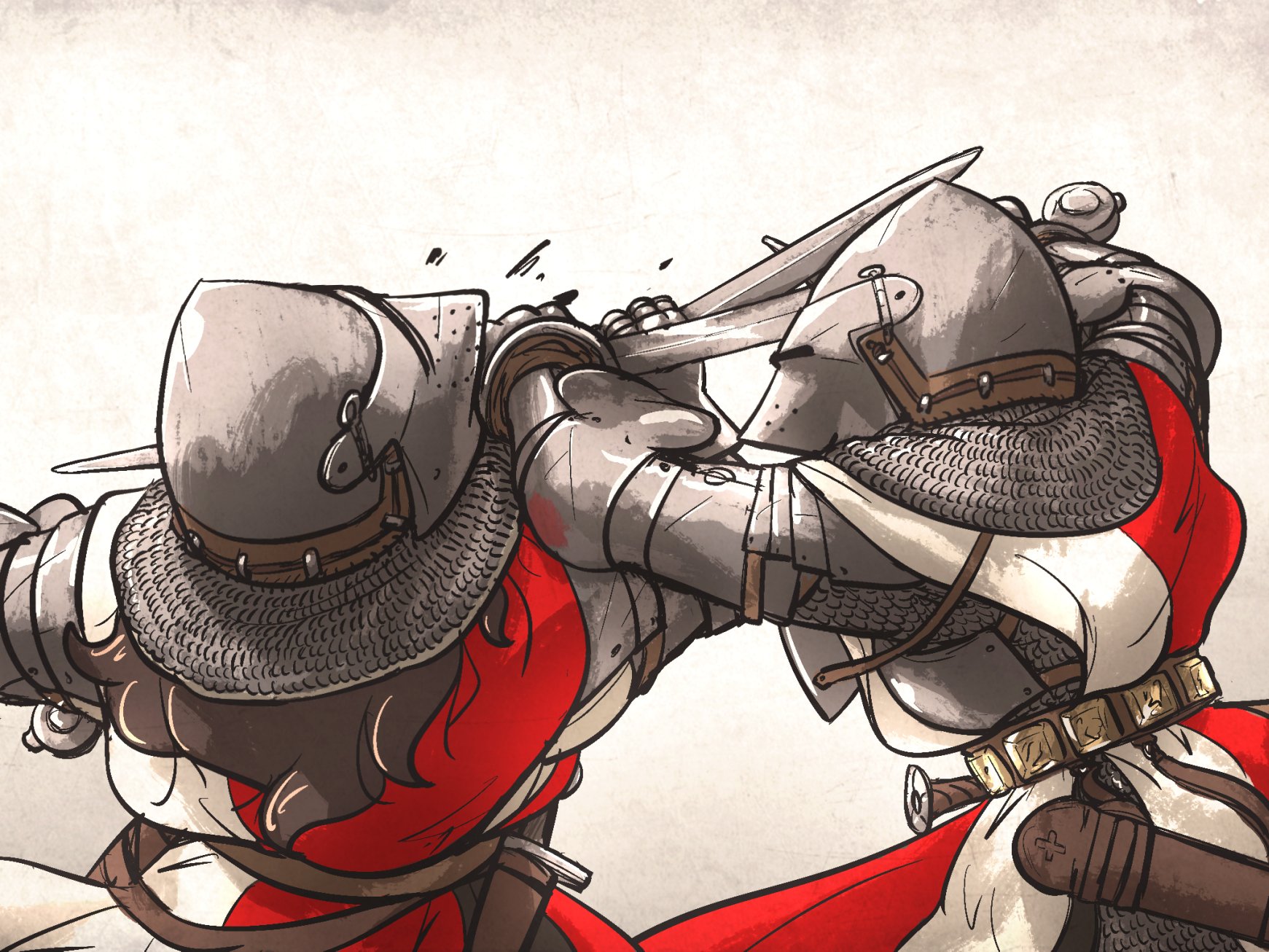 2girls armor aventail belt breastplate brown_hair chainmail commentary couter dagger facing_away fighting grey_armor highres holding holding_blade holding_sword holding_weapon hounskull ironlily knife layered_armor long_hair medieval multiple_girls ordo_mediare_sisters_(ironlily) pauldrons rerebrace rondel scabbard sheath shoulder_armor simple_background struggling surcoat sword vambraces visor_(armor) weapon white_background