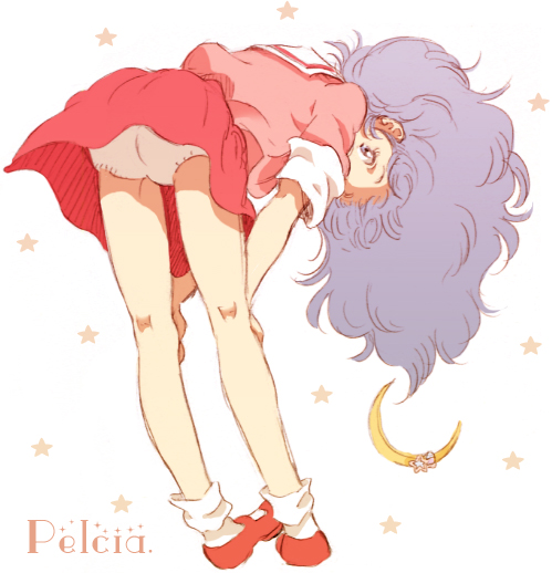 1girl character_name chunko curly_hair english_text engrish_text female_focus from_behind full_body hands_on_own_knees kneepits leaning_forward long_hair looking_at_viewer mahou_no_yousei_persia mary_janes panties pantyshot persia_(mahou_no_yousei_persia) purple_eyes purple_hair ranguage school_uniform shoes simple_background skirt socks solo underwear
