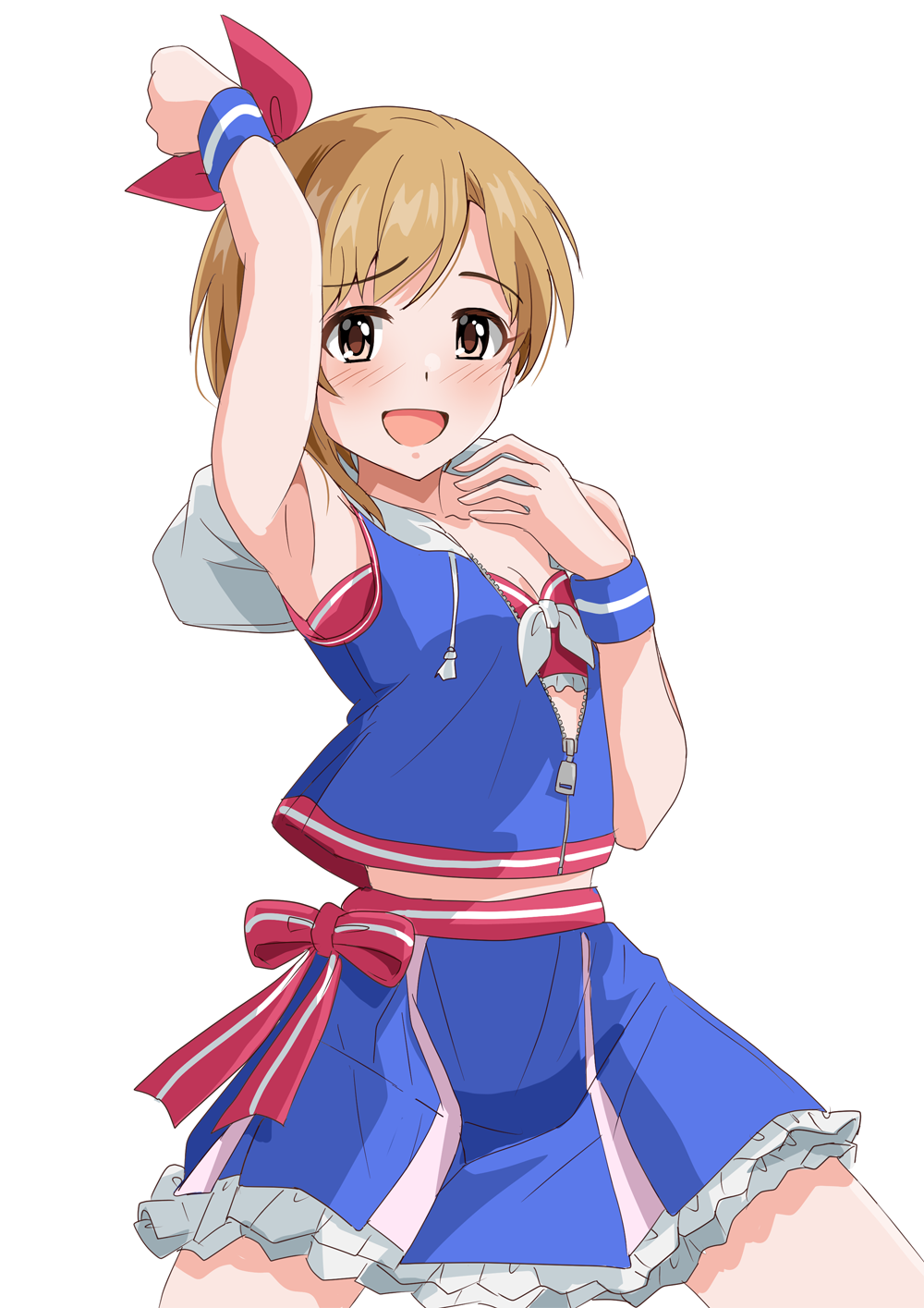 1girl aiba_yumi arm_up armpits blue_hoodie blue_skirt bow breasts brown_eyes brown_hair frilled_skirt frills highres hood hoodie idolmaster idolmaster_cinderella_girls illustscody medium_breasts medium_hair midriff_peek open_mouth red_bow short_hair simple_background skirt sleeveless sleeveless_hoodie solo striped_wristband white_background wristband zipper