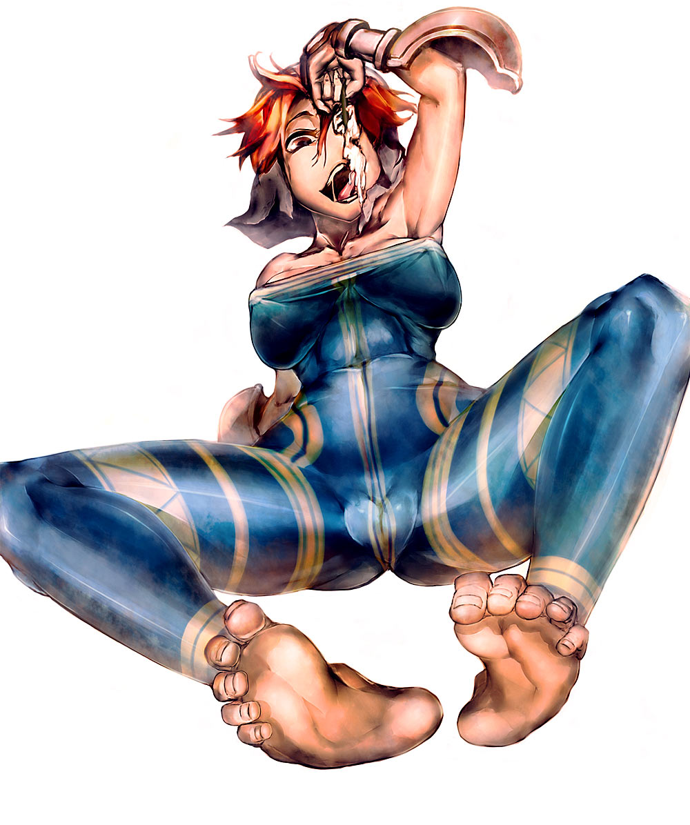1girl ahobaka bare_shoulders barefoot breasts brown_hair cameltoe covered_erect_nipples cum feet female_focus final_fantasy final_fantasy_tactics gauntlets large_breasts latex monk monk_(fft) nipples open_mouth short_hair simple_background skin_tight solo toes white_background
