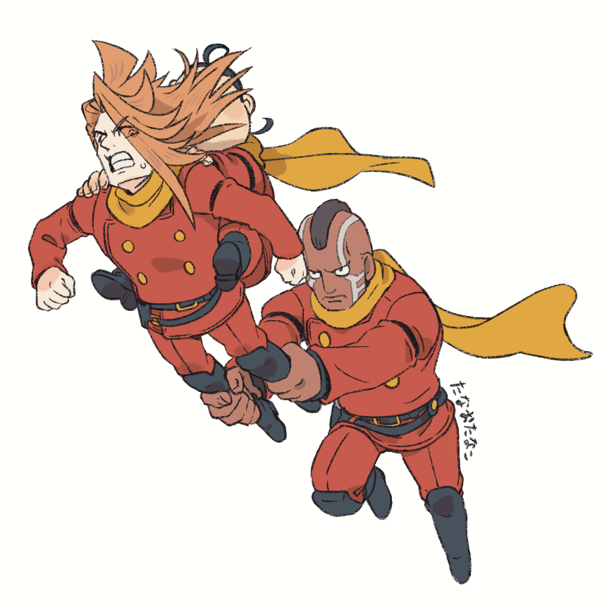black_hair black_pants carrying chang_changku coat cyborg_009 dark_skin facial_mark flying geronimo_jr hair_over_one_eye jet_link leg_grab long_hair multiple_boys orange_hair pants piggyback red_coat scarf short_hair tanaotanako yellow_scarf