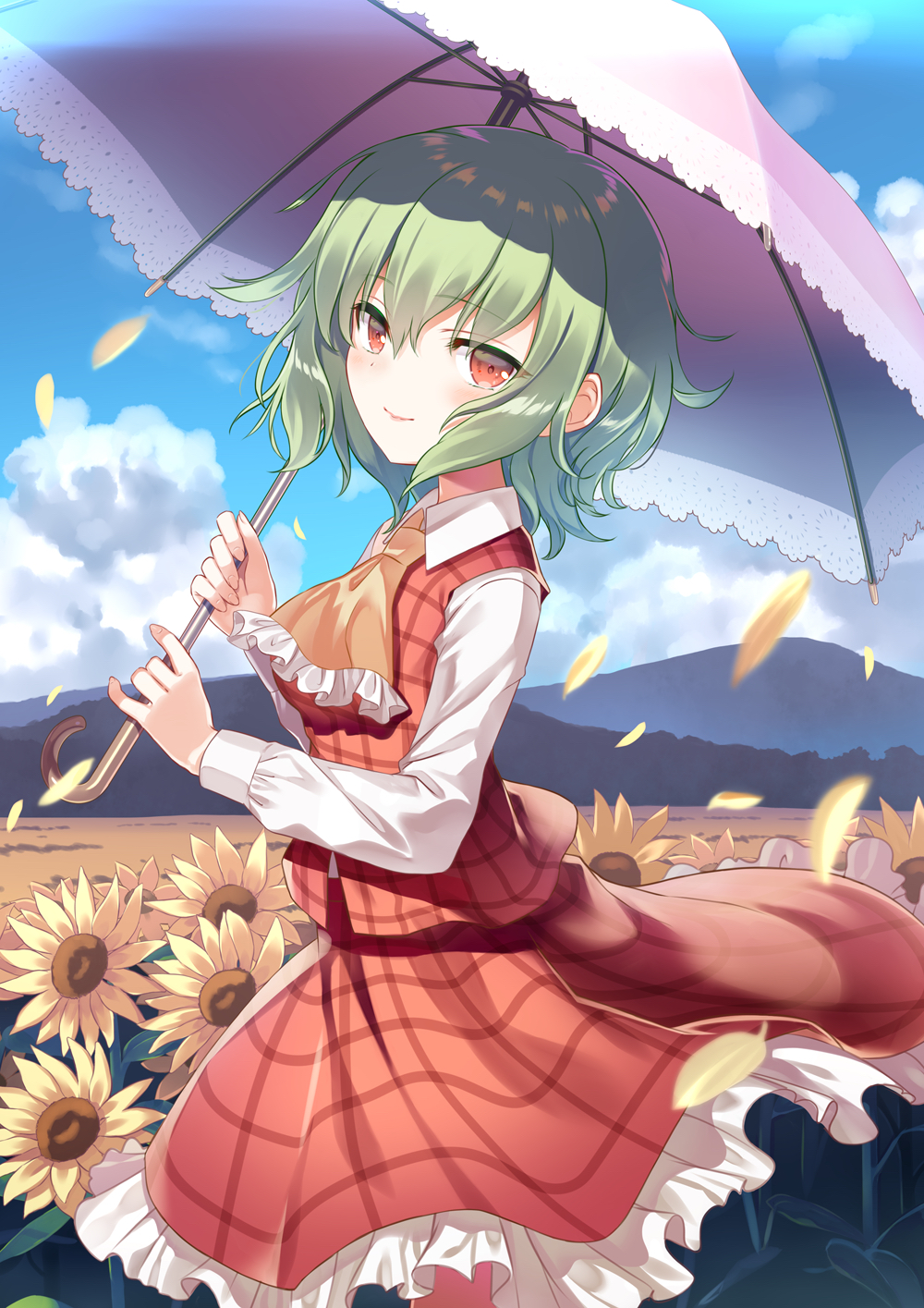 1girl ascot blush breasts closed_mouth cloud collared_shirt commentary_request cowboy_shot day falling_petals field flower flower_field frilled_skirt frills green_hair highres holding holding_umbrella kazami_yuuka lace-trimmed_umbrella long_sleeves mountain outdoors parasol petals pink_umbrella plaid_clothes plaid_skirt plaid_vest red_eyes red_skirt red_vest shirt short_hair skirt skirt_set smile solo standing sunflower sunflower_field susugi touhou umbrella vest white_shirt yellow_ascot yellow_flower yellow_petals