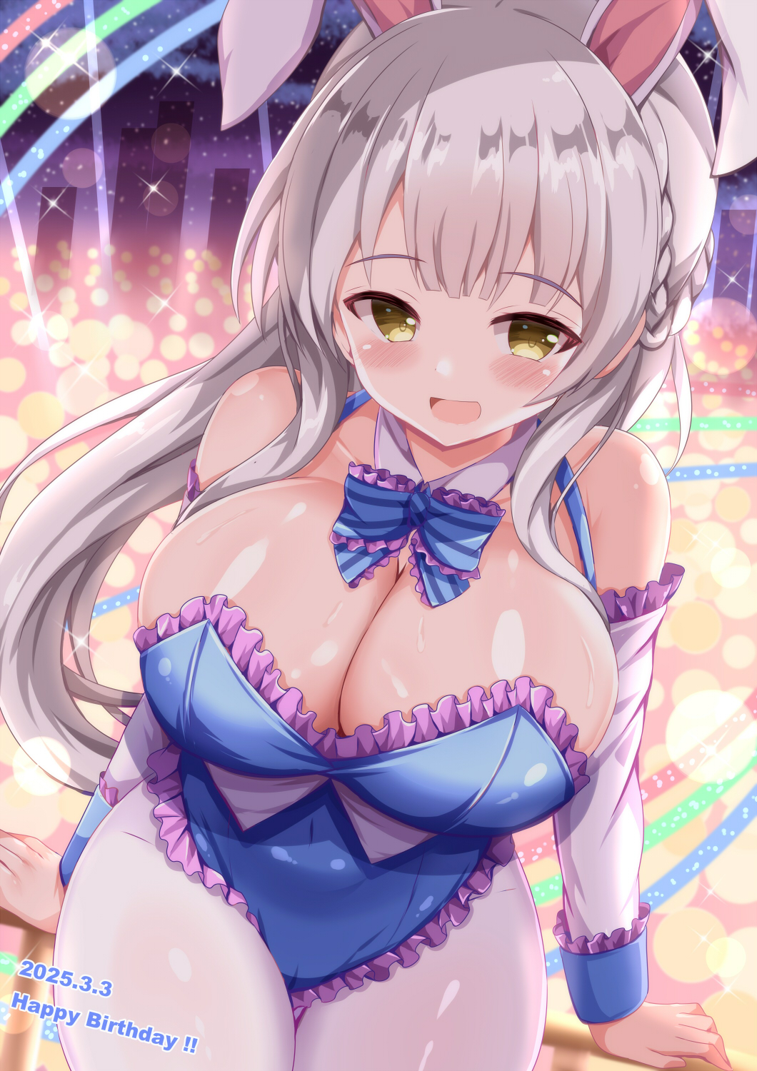 1girl :d animal_ears blue_leotard blurry blush bokeh braid breasts cleavage commentary_request covered_navel cowboy_shot dated depth_of_field detached_sleeves fake_animal_ears frilled_leotard frills grey_hair happy_birthday highres huge_breasts kashiwagi_saki large_breasts leotard long_hair looking_at_viewer ongeki open_mouth pantyhose playboy_bunny rabbit_ears side_braid smile solo strapless strapless_leotard very_long_hair white_pantyhose white_sleeves xenon_(for_achieve) yellow_eyes