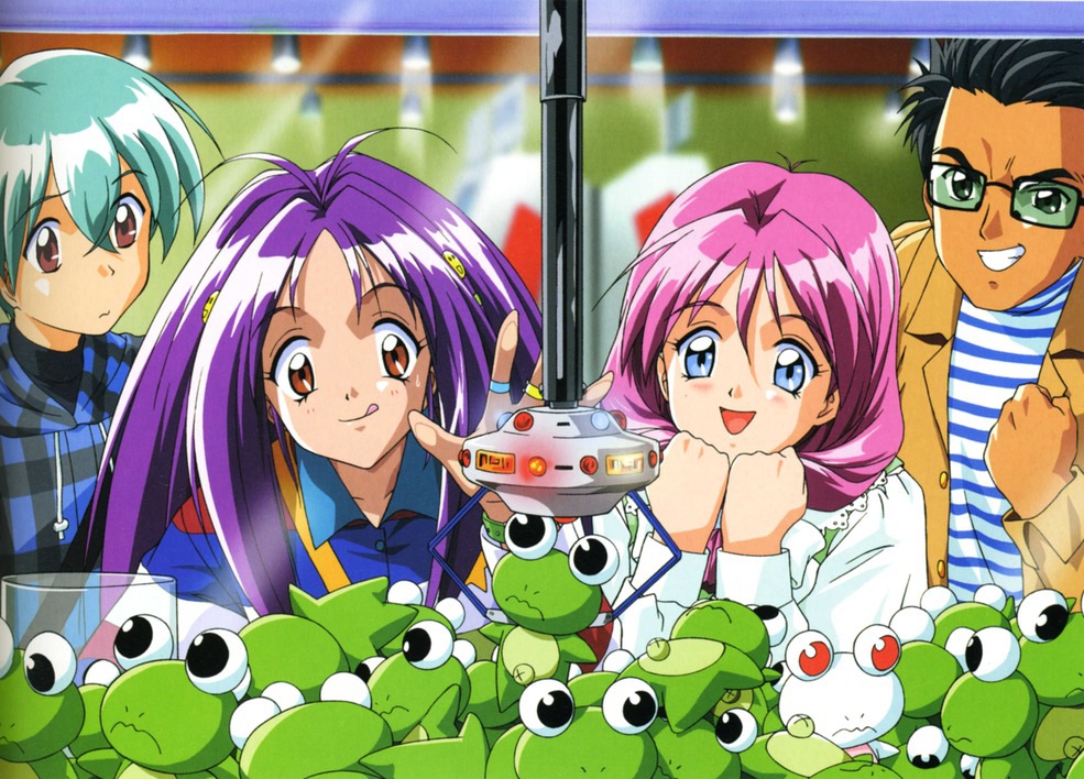 1990s_(style) 2boys 2girls :q black_hair blue_eyes blue_hair brown_eyes clenched_hand clenched_hands clenched_teeth crane_game frog front_ponytail frown glasses happy hokari_jun&#039;ichirou junichirou_hokari kokura_masashi kotobuki_miyuki long_hair multiple_boys multiple_girls official_art pink_hair purple_hair retro_artstyle scan shirayuki_miho stuffed_animal stuffed_frog stuffed_toy takumi_sakaki teeth tokimeki_memorial tokimeki_memorial_2 tongue tongue_out