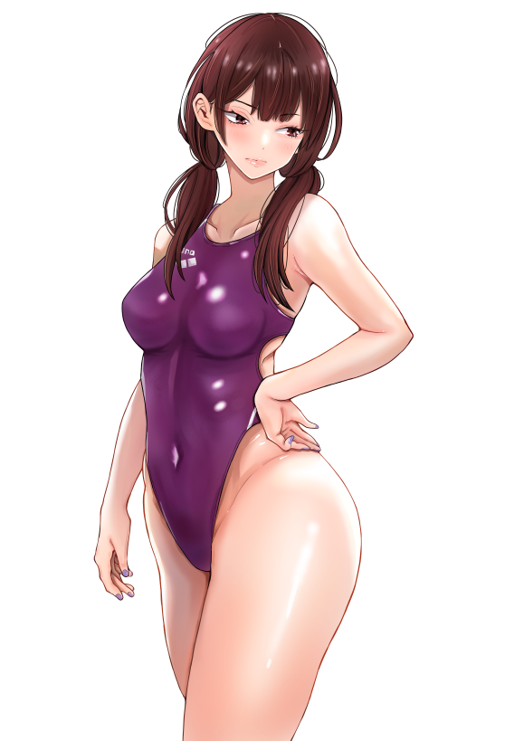 1girl breasts brown_hair commentary_request competition_swimsuit covered_navel cowboy_shot flat_color hand_on_own_hip highleg highleg_one-piece_swimsuit looking_back low_twintails medium_breasts nobita_(nbnobita) one-piece_swimsuit original purple_one-piece_swimsuit simple_background solo swimsuit twintails white_background