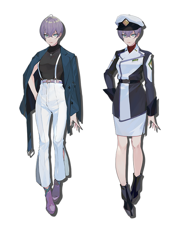 1girl artist_name artist_request black_footwear black_shirt blue_eyes blue_jacket breasts gundam gundam_seed gundam_seed_eclipse hair_behind_ear hand_on_own_hip hat high_heels jacket jacket_on_shoulders medium_breasts military military_uniform miyabi_oto_kiou official_art open_hand pants shirt shirt_tucked_in short_hair silver_hair suspenders transparent_background white_headwear white_pants