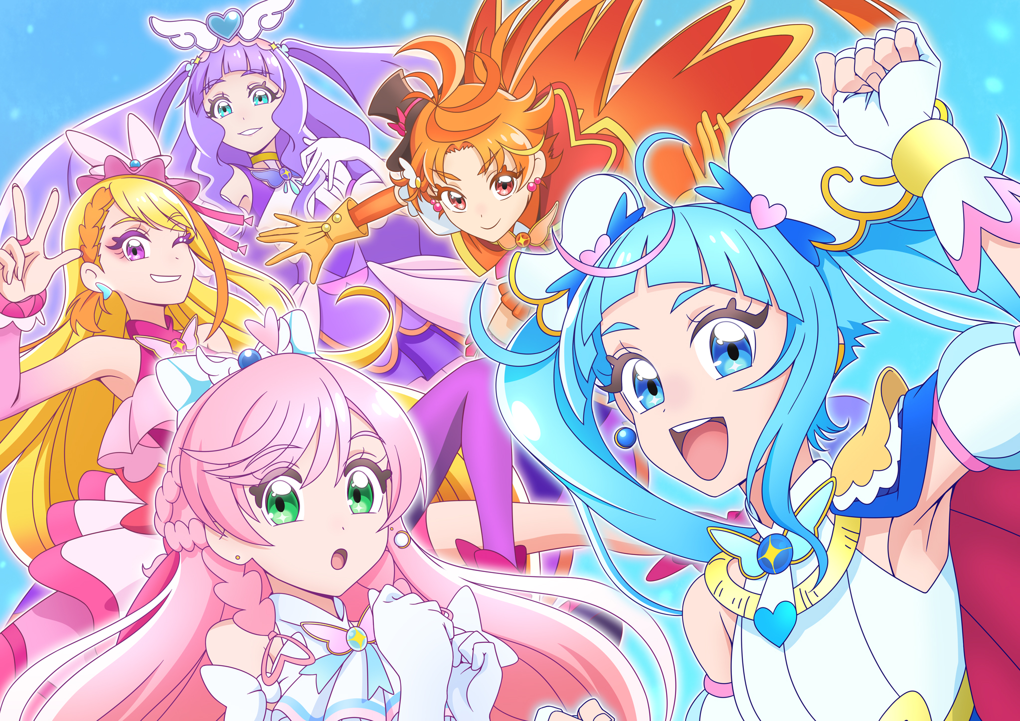 1boy 4girls :d :o ahoge aqua_eyes ascot black_hat blonde_hair blue_cape blue_dress blue_eyes blue_hair boots bow braid braided_bangs bridal_gauntlets brooch butterfly_hat_ornament cape clenched_hand closed_mouth coattails commentary_request crown_braid cure_butterfly cure_majesty cure_prism cure_sky cure_wing cut_bangs detached_sleeves dress earclip earrings elbow_gloves ellee-chan fingerless_gloves floating frilled_shirt frilled_shorts frills glove_bow gloves green_eyes grin hair_bow hair_ornament hat hat_ornament highres hijiri_ageha hirogaru_sky!_precure jacket jewelry layered_gloves leg_ribbon long_hair looking_at_viewer magical_boy magical_girl mini_hat mini_top_hat mob_cap multicolored_hair multiple_girls nijigaoka_mashiro one_eye_closed open_mouth orange_gloves orange_hair orange_jacket orange_shorts pantyhose partial_commentary pink_boots pink_gloves pink_hair pink_hat pink_shirt precure puffy_detached_sleeves puffy_short_sleeves puffy_sleeves purple_dress purple_eyes purple_hair purple_pantyhose red_cape red_eyes ribbon shirt short_sleeves shorts side_braids single_earring single_leg_pantyhose single_sidelock sleeveless sleeveless_dress sleeveless_shirt smile sora_harewataru streaked_hair tilted_headwear top_hat twintails two-sided_cape two-sided_fabric two-tone_dress two-tone_hair two_side_up very_long_hair w watasi white_ascot white_bow white_dress white_gloves wing_brooch wing_hair_ornament yuunagi_tsubasa