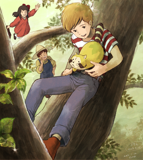 1girl 2boys animal araiguma_rascal bow brown_footwear brown_hair dated day denim dress from_above hair_bow hand_on_own_hip hand_up hat in_tree jeans multiple_boys oscar_sunderland outdoors overalls pants raccoon rascal_(araiguma_rascal) red_dress sakai_yume shirt short_hair sterling_north striped_clothes striped_shirt sun_hat tree world_masterpiece_theater