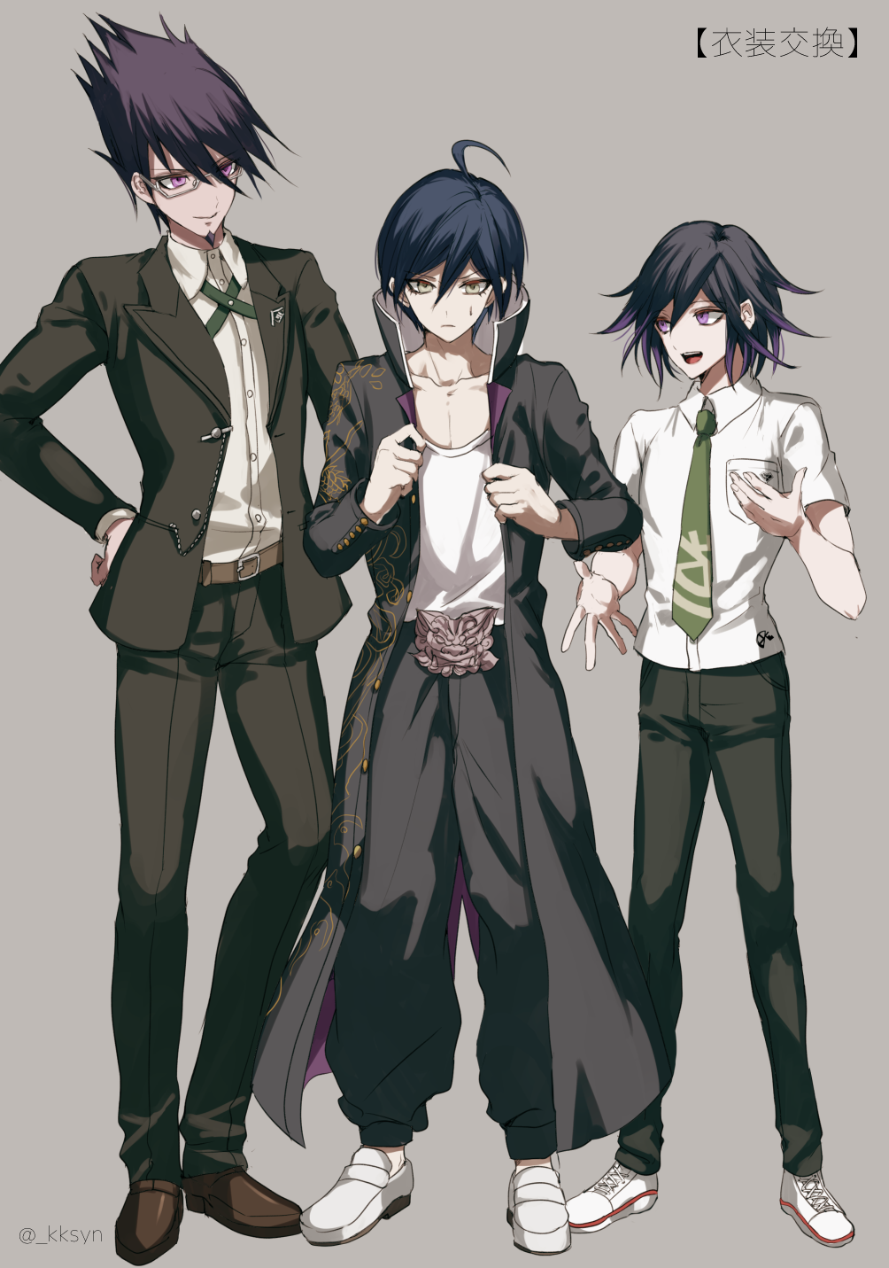 3boys ahoge artist_name bespectacled black_coat black_hair black_pants breast_pocket brown_footwear brown_jacket brown_pants coat collarbone collared_shirt cosplay danganronpa_(series) danganronpa_v3:_killing_harmony dress_shirt facial_hair full_body glasses goatee green_necktie grey_background grey_shirt hair_between_eyes highres hinata_hajime hinata_hajime_(cosplay) jacket male_focus medium_hair momota_kaito multicolored_hair multiple_boys necktie owada_mondo open_clothes open_coat open_jacket oma_kokichi owada_mondo_(cosplay) pants pink_eyes pocket purple_hair saihara_shuichi sakuyu shirt shoes short_hair simple_background smile spiked_hair sweatdrop togami_byakuya togami_byakuya_(cosplay) translation_request two-tone_hair white_footwear
