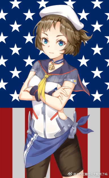 1girl american_flag beret bike_shorts black_gloves blue_eyes brown_hair buxiuhongxingshe_jintiantuopinlema choker close-up closed_mouth cowboy_shot crossed_arms english_text fingerless_gloves flag_background gloves hat looking_at_viewer neckerchief pantyhose sailor_collar samuel_b._roberts_(warship_girls_r) shirt short_hair short_sleeves side_ponytail single_glove skirt solo standing star_(symbol) warship_girls_r watermark weibo_watermark wrist_cuffs