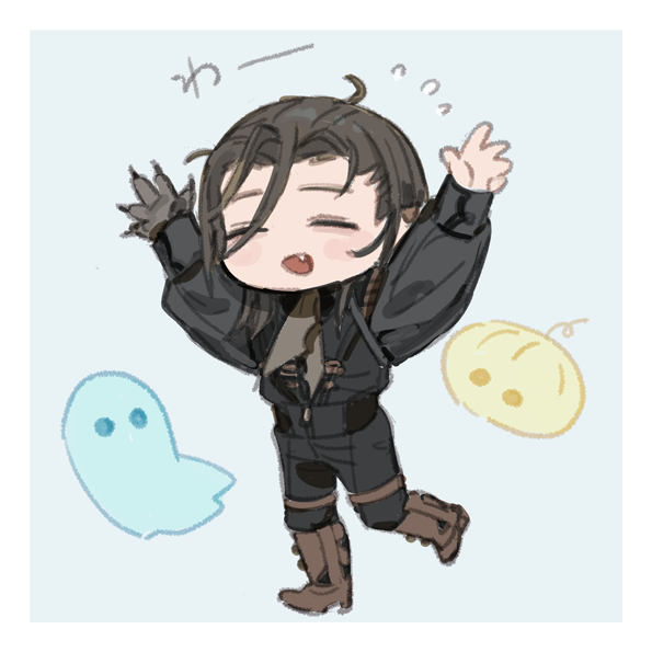 1boy :d =_= alternate_costume alternate_hairstyle arms_up ascot black_corset black_hair black_pants black_shirt blue_background border brown_footwear chibi chibi_only closed_eyes corset fang fate/grand_order fate_(series) flying_sweatdrops full_body ghost gloves grey_ascot grey_gloves hair_down hair_slicked_back kibadori_rue long_sleeves loose_hair_strand male_focus medium_hair open_mouth pants puffy_long_sleeves puffy_sleeves shirt simple_background single_glove smile solo standing vampire white_border yamanami_keisuke_(fate)