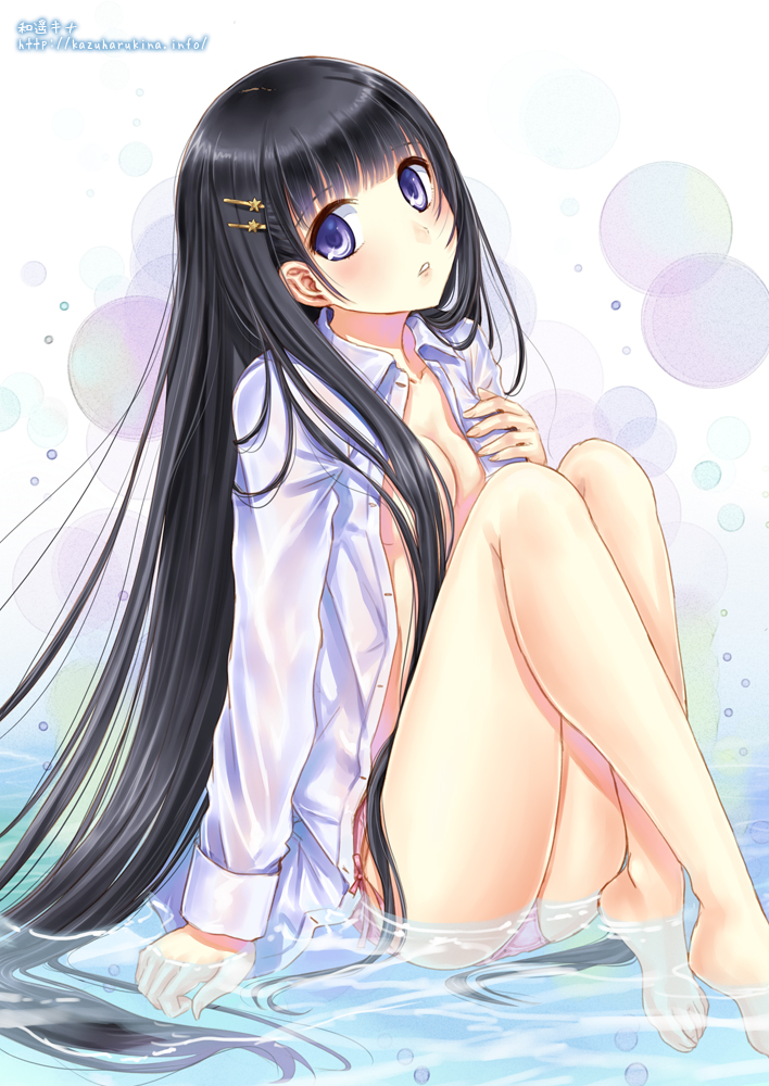 1girl barefoot black_hair blue_eyes blush breasts dress_shirt female_focus hair_ornament hairclip kazuharu_kina long_hair looking_at_viewer nearly_naked_shirt no_bra no_pants open_clothes open_shirt original panties parted_lips partially_submerged shirt sitting solo underwear water watermark web_address white_panties white_shirt