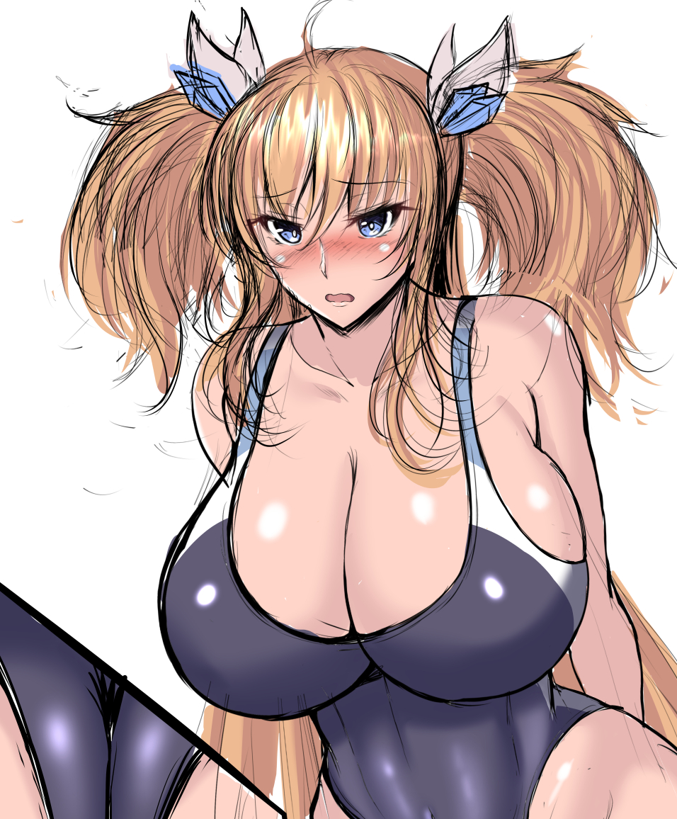 1girl blonde_hair blush breasts curvy highleg highleg_one-piece_swimsuit huge_breasts kanna_(minamozuki) long_hair one-piece_swimsuit onizaki_kirara open_mouth shiny_skin solo swimsuit taimanin_(series) taimanin_rpgx twintails wide_hips