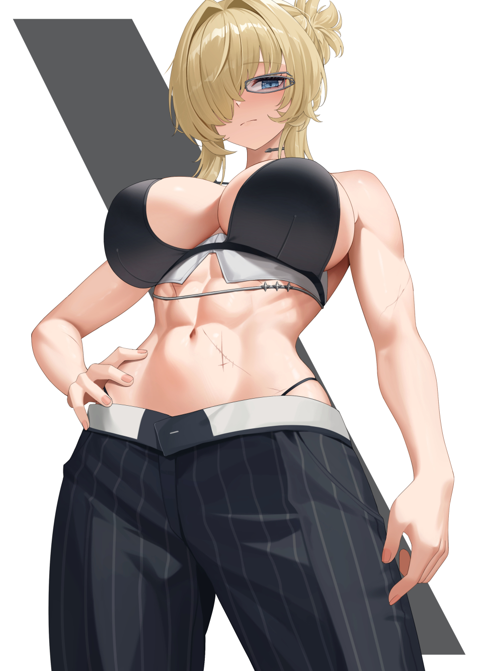 1girl abs black_pants blonde_hair blue_eyes breasts closed_mouth crop_top glasses goddess_of_victory:_nikke grave_(beautiful_you)_(nikke) grave_(nikke) hair_over_one_eye hand_on_own_hip highres large_breasts navel official_alternate_costume pants panty_straps ponytail scar scar_on_arm scar_on_stomach short_ponytail solo stomach wei_xiao