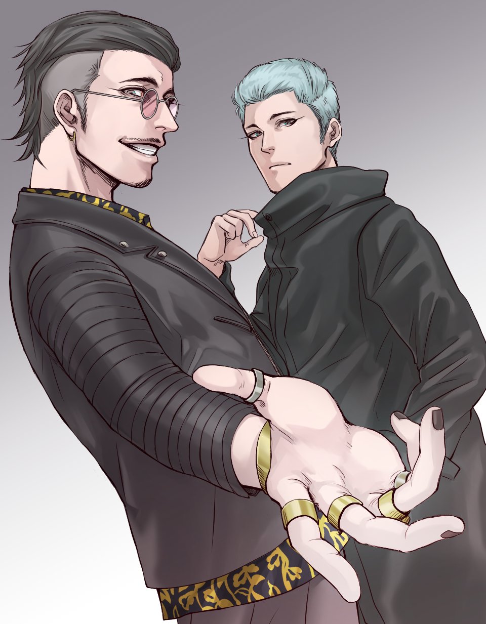 2boys asymmetrical_hair black_hoodie black_nails bracelet coco_(h221414) earrings eyebrows facial_hair from_side grin han_joon-gi hand_in_pocket highres hood hoodie jacket jewelry leather leather_jacket male_focus multiple_boys multiple_rings nail_polish open_hand print_shirt ring round_eyewear ryuu_ga_gotoku_(series) ryuu_ga_gotoku_7 shirt short_hair shorts sidecut silver_hair smile sunglasses undercut upper_body zhao_tianyou