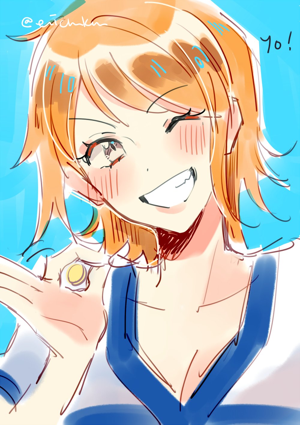 1girl blue_background blush breasts cleavage close-up coll_(erichankun) collarbone commentary highres long_hair looking_at_viewer nami_(one_piece) nami_(one_piece)_(east_blue) ok_sign one_eye_closed one_piece shirt short_hair sidelocks simple_background smile solo t-shirt twitter_username wink