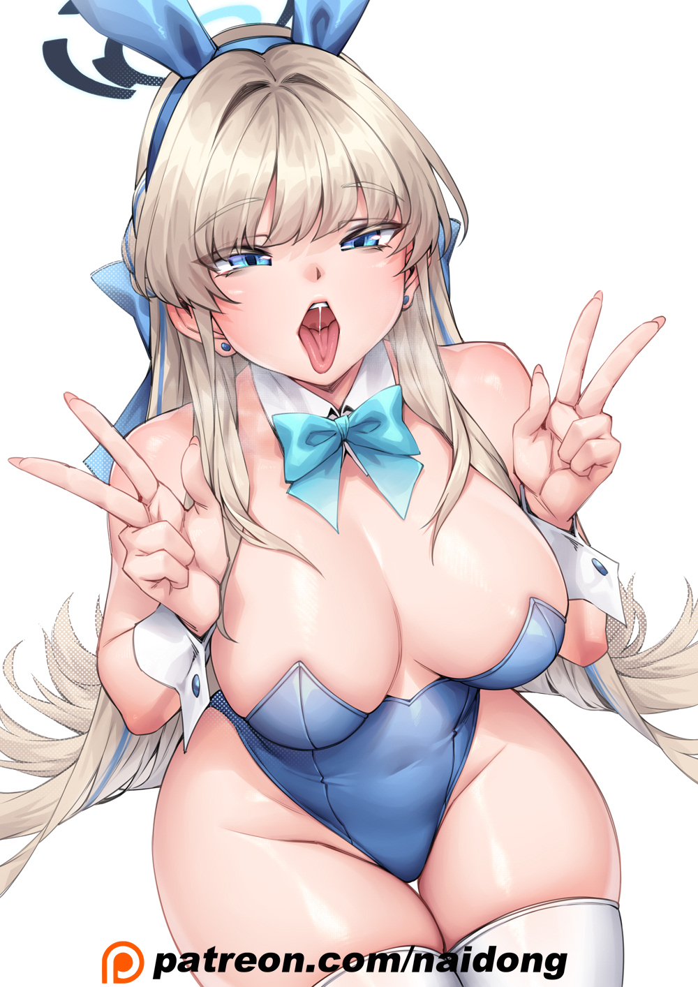 1girl animal_ears bare_shoulders blonde_hair blue_archive blue_eyes blue_hair blue_leotard breasts cleavage collar double_v earrings fake_animal_ears halo highres jewelry large_breasts leotard long_hair multicolored_hair naidong_(artist) open_mouth patreon_username playboy_bunny rabbit_ears simple_background sitting solo teeth thigh_gap thighhighs toki_(blue_archive) tongue tongue_out two-tone_hair upper_teeth_only v white_background white_thighhighs wrist_cuffs