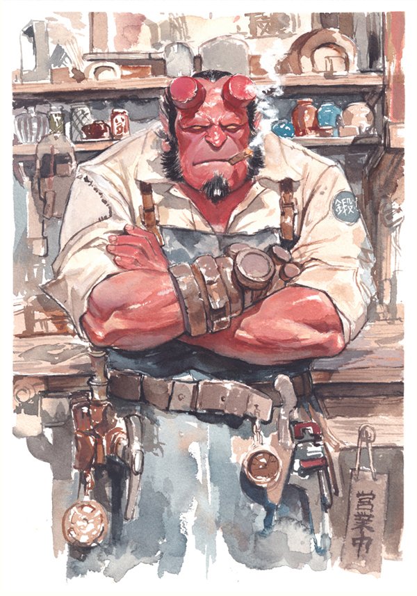 1boy apron beard belt black_hair broken_horns colored_skin crossed_arms demon_boy demon_horns facial_hair hellboy hellboy_(comic) horns itoscaresme looking_at_viewer male_focus painting_(medium) red_skin smoking traditional_media utility_belt watercolor_(medium)