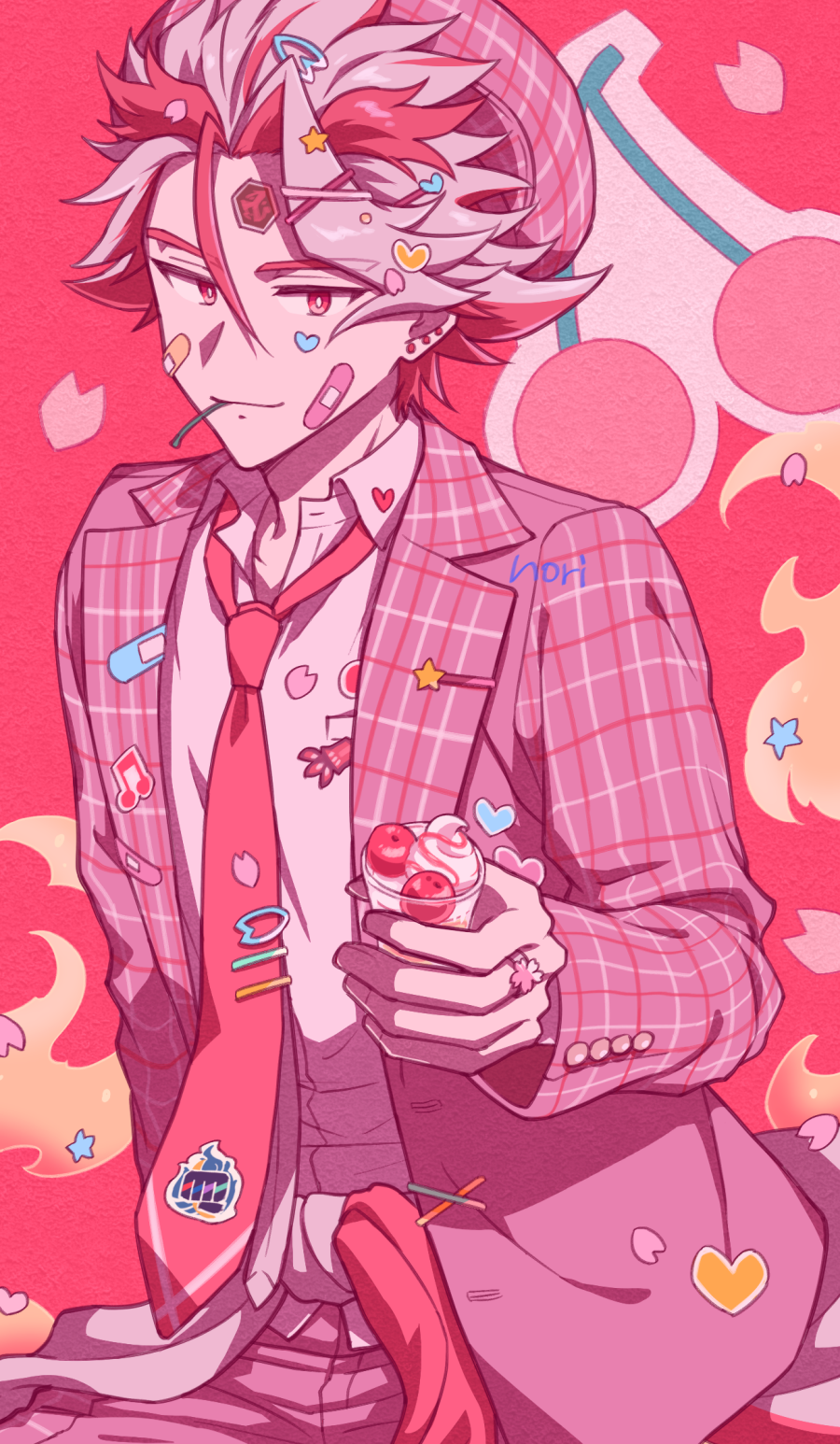 1boy alternate_costume bandaid bandaid_on_cheek bandaid_on_face beret chiyo_nori clothes_around_waist collared_shirt cowboy_shot cup ear_piercing hair_ornament hairpin hat highres holding holding_cup jacket jewelry joe_(show_by_rock!!) looking_at_viewer male_focus mouth_hold multicolored_hair necktie piercing pink_hair pink_hat pink_jacket pink_necktie plaid_clothes plaid_headwear plaid_jacket red_background red_eyes red_hair ring shirt short_hair show_by_rock!! smile solo standing sticker_on_face sticker_on_hair too_many_stickers two-tone_hair white_shirt x_hair_ornament