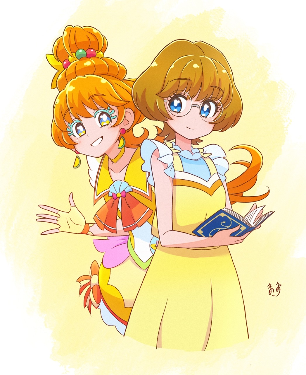 artist_name ascot blue_eyes book brown_hair choker closed_mouth colored_eyelashes commentary cropped_legs cure_papaya dress dual_persona earrings fingerless_gloves food-themed_earrings glasses gloves heart heart_in_eye highres holding holding_book ichinose_minori jewelry leaning_forward long_dress long_hair looking_at_viewer magical_girl orange_ascot orange_hair peeking_out pouch precure round_eyewear sailor_collar shell_brooch short_dress short_hair signature sleeveless sleeveless_dress smile standing symbol_in_eye thick_eyelashes tropical-rouge!_precure waving yellow_choker yellow_dress yellow_gloves yellow_sailor_collar zerolay