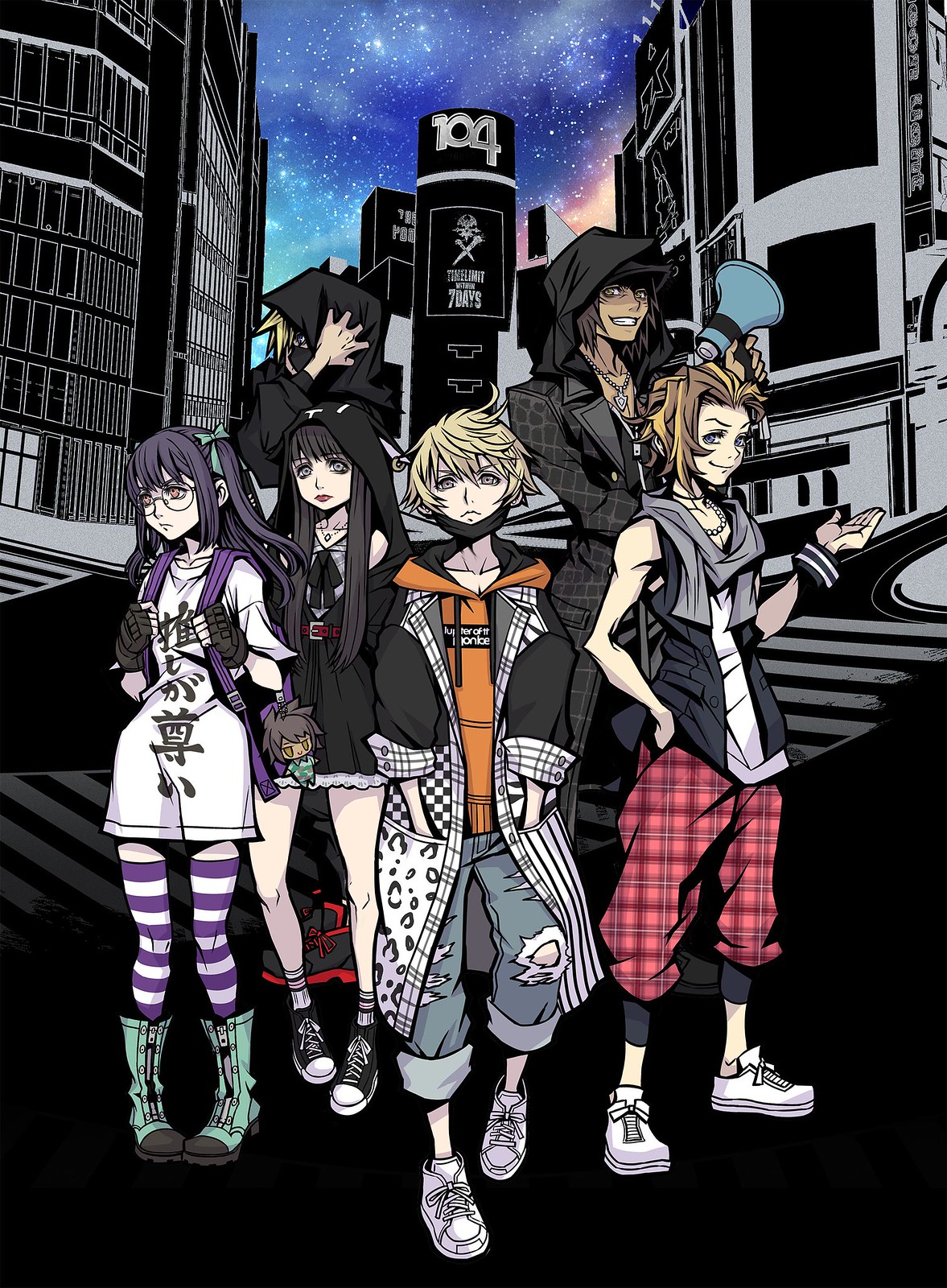 building city furesawa_tosai glasses highres hood hood_up hoodie jacket kanade_rindo looking_at_viewer mask matsunae_tsugumi megaphone minamimoto_sho mouth_mask nomura_tetsuya official_art pants pantyhose sakuraba_neku scarf shibuya_(tokyo) shin_subarashiki_kono_sekai sky smile square_enix standing star_(sky) starry_sky striped_clothes striped_legwear striped_pantyhose subarashiki_kono_sekai tokyo_(city) torn_clothes torn_pants usui_nagi