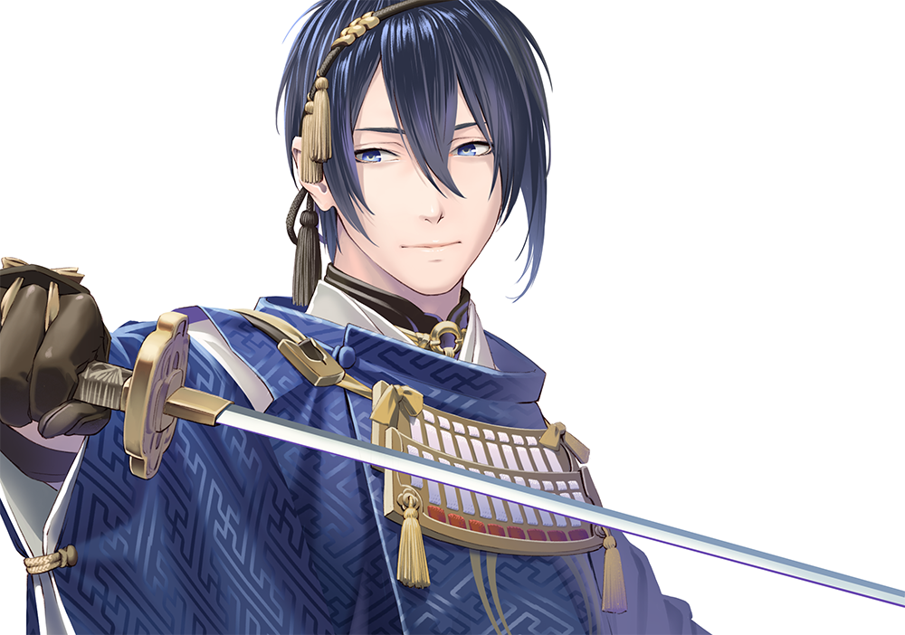 1boy armor blue_eyes blue_hair blue_kimono blue_robe closed_mouth gloves hair_ornament holding holding_sword holding_weapon japanese_armor japanese_clothes katana kimono leuco male_focus mikazuki_munechika nodowa_(gorget) robe sayagata simple_background solo sword tassel touken_ranbu weapon white_background