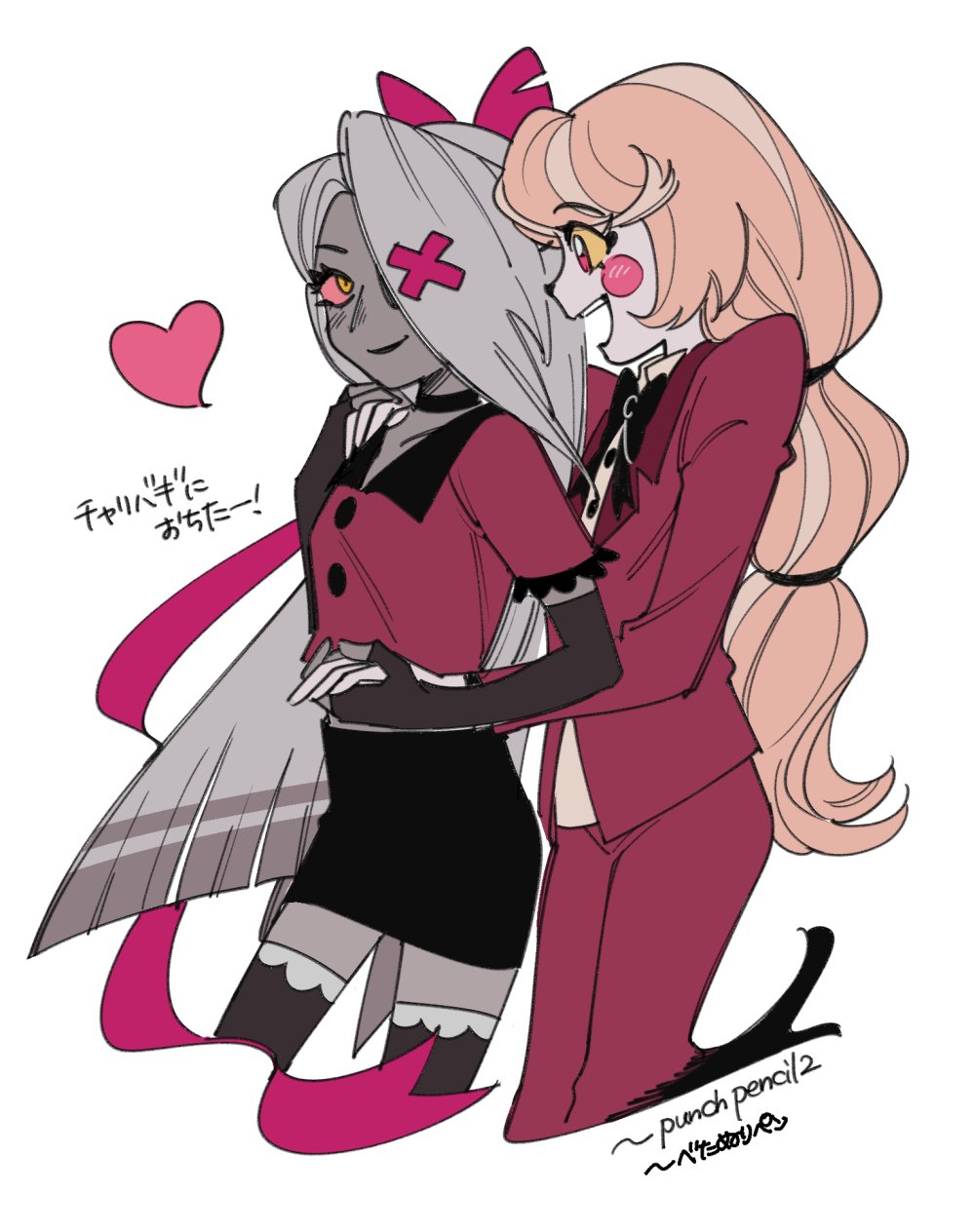 2girls :d black_bow black_bowtie black_choker black_skirt blonde_hair bow bowtie charlie_morningstar choker circle_facial_mark closed_mouth colored_sclera colored_skin commentary couple cropped_legs elbow_gloves eyepatch facial_mark fingerless_gloves gloves grey_gloves grey_hair grey_skin grey_thighhighs hair_bow hair_over_one_eye hand_on_another&#039;s_shoulder hazbin_hotel heart highres holding_hands jacket long_hair long_sleeves looking_at_another multi-tied_hair multiple_girls open_mouth pants pink_sclera red_bow red_eyes red_jacket red_pants red_shirt shirt short_sleeves simple_background skirt smile thighhighs traditional_bowtie vaggie white_background white_shirt yellow_eyes yellow_sclera yokuko_zaza yuri