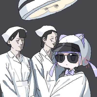 3girls animal_ears black_hair blanket blunt_bangs bow bowtie cat_ears commentary_request expressionless hat helmet jitome lokulo-chan_(lokulo_no_mawashimono) lokulo_no_mawashimono low_twintails lowres meme multiple_girls ninja_sentai_kakuranger nurse nurse_cap original parody purple_bow purple_bowtie purple_eyes purple_hair sunglasses super_sentai today_is_friday_in_california_(meme) twintails