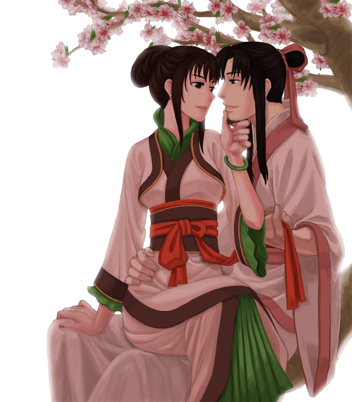 a-liver aliverura black_eyes black_hair chinese_clothes couple eye_contact flower girdle husband_and_wife in_tree looking_at_another peach_blossom sitting sitting_in_tree tree white_background xuan-yuan_sword