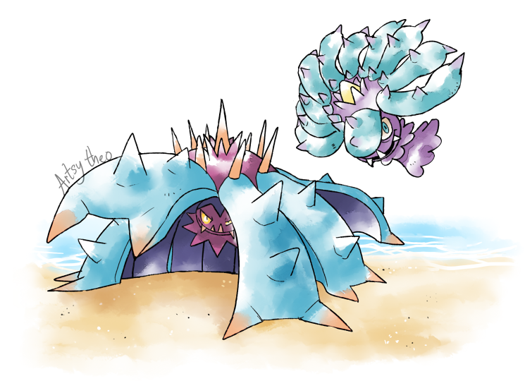 artsy-theo evolutionary_line fangs gen_7_pokemon looking_at_viewer mareanie nintendo no_humans pokemon pokemon_(creature) signature spikes toxapex
