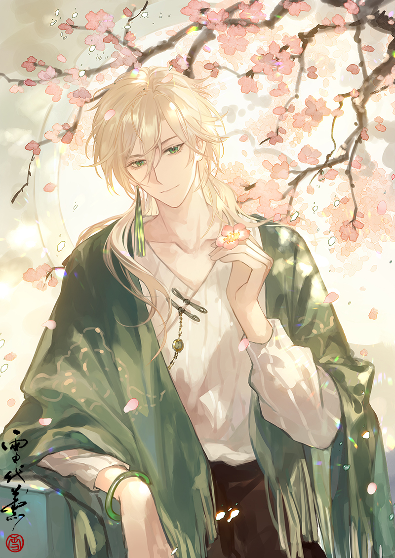1boy alkaid_mcgrath blonde_hair bracelet branch brown_pants closed_mouth collarbone cowboy_shot earrings elbow_rest falling_petals flower fringe_trim green_eyes green_shawl hair_between_eyes holding holding_flower jade_(gemstone) jewelry long_hair long_sleeves looking_at_viewer lovebrush_chronicles male_focus pants peach_blossom petals pink_flower seal_impression shirt sideways_glance single_earring smile solo striped_clothes striped_shirt tassel tassel_earrings vertical-striped_clothes vertical-striped_shirt white_shirt xuedaixun
