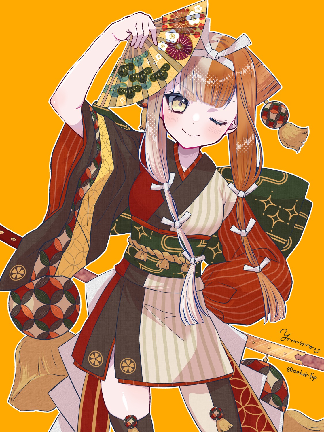 1girl blush breasts fate/grand_order fate_(series) folding_fan gloves hand_fan highres izumo_no_okuni_(fate) izumo_no_okuni_(first_ascension)_(fate) japanese_clothes kimono long_hair long_sleeves looking_at_viewer medium_breasts multicolored_hair multicolored_kimono one_eye_closed orange_hair red_kimono rope_belt sash sidelocks smile solo split-color_hair thighhighs two-tone_hair two-tone_kimono white_hair yamuimo yellow_eyes