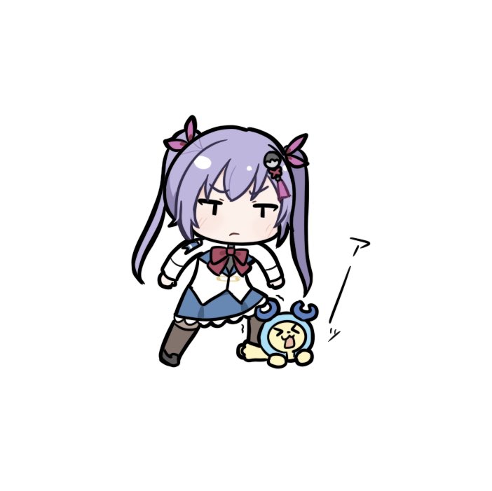 &gt;_&lt; 1girl 1other assault_lily black_shorts blue_skirt blush bow bowtie brown_pantyhose brown_thighhighs charmy_(assault_lily) chibi closed_eyes closed_mouth full_body hair_ornament hair_ribbon happa_no_tanupon herensuge_girls_academy_school_uniform jacket jitome long_hair long_sleeves looking_at_another looking_down lying matsumura_fuuka miniskirt motion_lines on_stomach open_mouth pantyhose pink_ribbon purple_hair red_bow red_bowtie ribbon school_uniform shorts simple_background skirt solid_oval_eyes standing stomping tassel tassel_hair_ornament thighhighs thighhighs_over_pantyhose translated twintails v-shaped_eyebrows white_background white_jacket